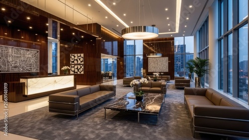 Modern lobby interior design with seating and reception area for commercial use
