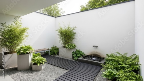 Modern minimalist courtyard with greenery and water feature for relaxation