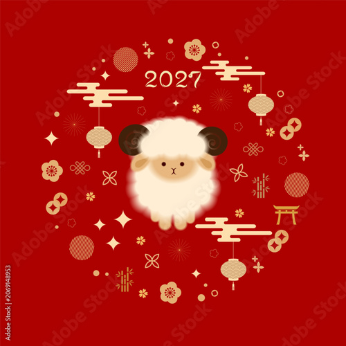 Chinese New Year 2027, Year of the Goat, Sheep. Chinese New Year banner template featuring a ram and traditional patterns. Minimalistic style. Vector illustration.