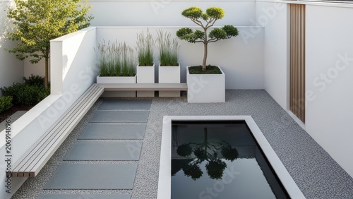 Modern minimalist garden design with architectural elements and greenery features
