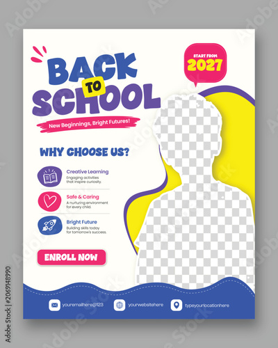 Back to school enrollment flyer template education admission poster kids academy promotion social media banner editable vector design