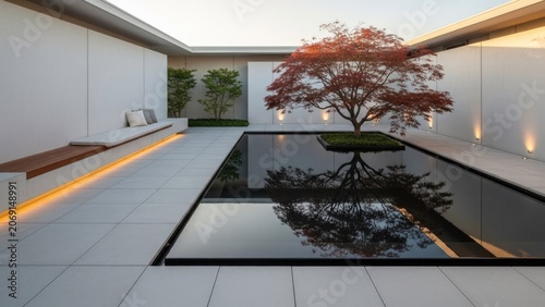 Modern minimalist garden scene featuring reflecting pool and vibrant tree