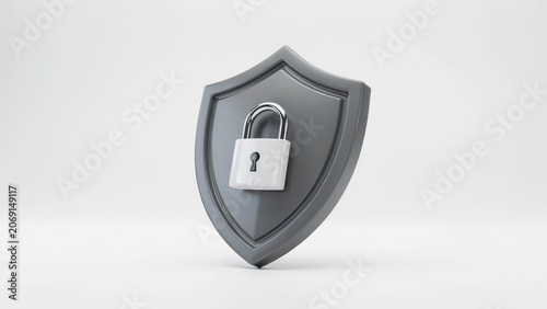Grey shield with white padlock on white background security concept