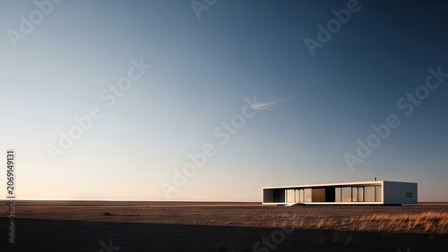 Modern minimalist home with large windows set against a vast open sky