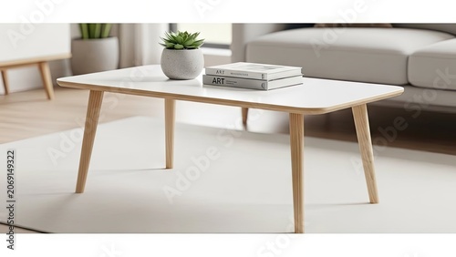 Modern minimalist living room coffee table with plant and books interior design