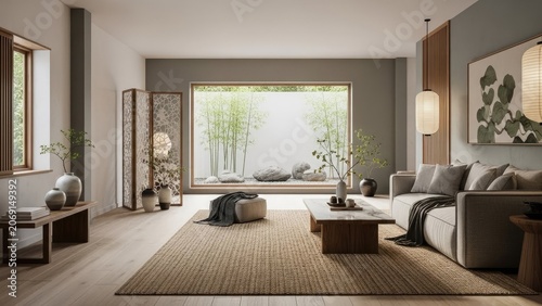 Modern minimalist living room interior design with natural light and decor