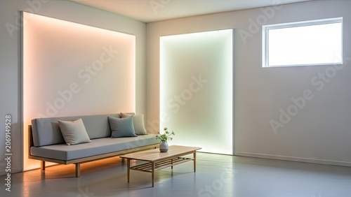Modern minimalist living room with sofa wooden table and colorful ambient lights