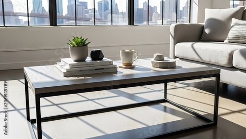 Modern living room with table books plants cup and cityscape background