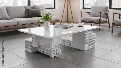 Modern living room with white table and neutral tones interior design
