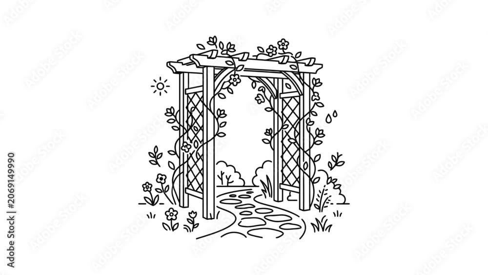 Fototapeta premium Black and white illustration of garden archway with climbing plants and flowers.