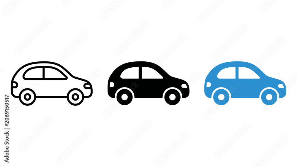 Obraz premium Set of car icons in different styles, including outline, solid black, and blue flat design, vector illustration