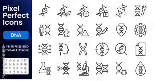 DNA line icon set. Gene research, genome helix, protein structure, chromosome, genetic heredity, GMO linear minimal vector illustration. Simple outline signs. 48x48 Pixel Perfect. Editable Stroke.
