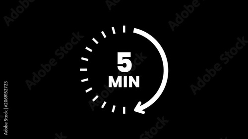 Clock with 5 min and circular arrows timer animation on transparent background. 5 Min arrow clock icon animation, 5 minute animation. timer 5 minutes countdown icon. Alpha Channel