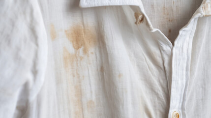 Detailed view of a worn white shirt displaying signs of everyday use and aging