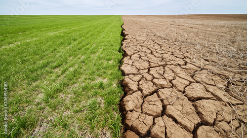 Stark contrast between vibrant green grass and parched cracked earth in an agricultural setting
