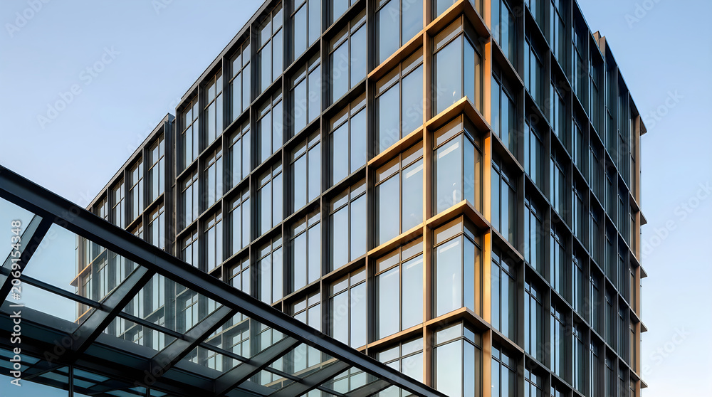 Obraz premium Modern glass office building exterior with metal facade details