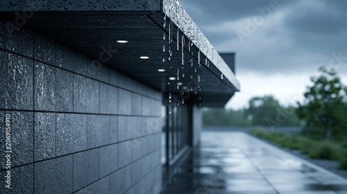 Raindrops falling from a contemporary building overhang in a somber city environment