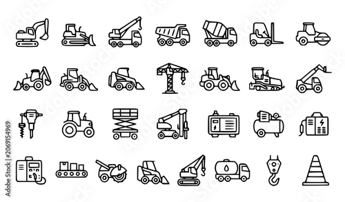 Tableau sur toile Construction Machinery Outline Icons Set with Heavy Equipment Linear Vector Coll