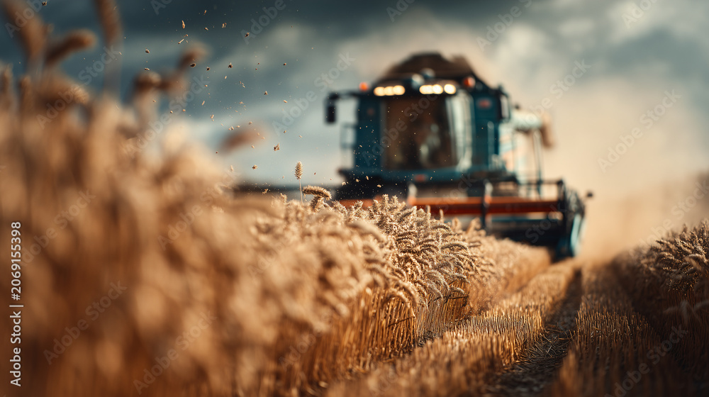 Fototapeta premium Modern tractor in wheat field during harvest under cloudy sky with dust clouds