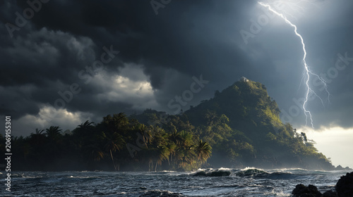Intense lightning illuminates a tropical island surrounded by turbulent skies and choppy ocean waves