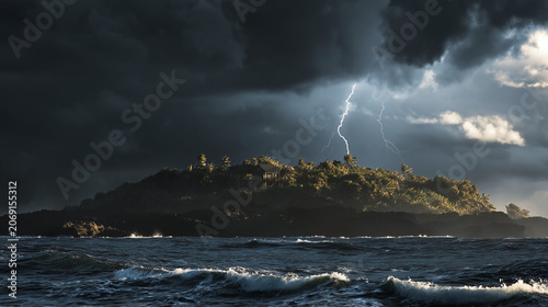 Intense storm clouds gather over a remote island as lightning strikes and ocean waves crash dramatically against the shore