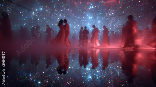 Enchanting dance celebration illuminated by vibrant lights and reflections crafting a surreal ambiance