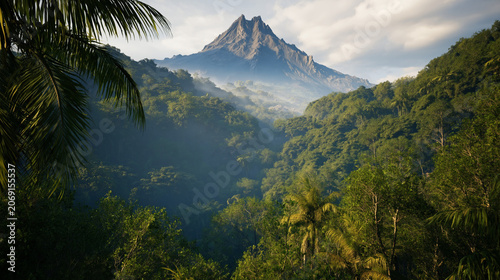 Breathtaking mountain summit enveloped by vibrant green woods in a tranquil natural setting