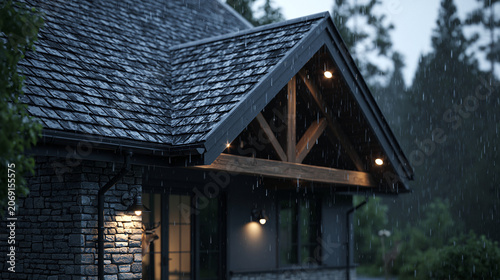 Charming contemporary home beneath a rainy sky showcasing stylish architectural details and inviting warm illumination