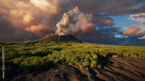 Stunning volcanic eruption framed by vibrant greenery and striking clouds during a breathtaking sunset