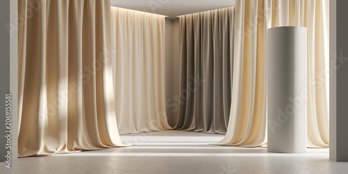 Sophisticated interior featuring graceful fabric drapes and a clean minimalist aesthetic