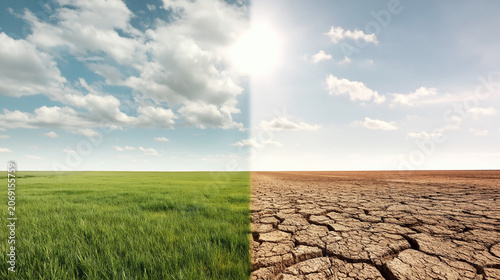 Stunning landscapes showcasing vibrant green fields shifting to dry cracked soil beneath a clear blue sky