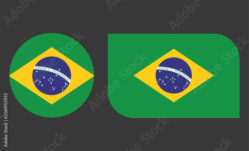 Brazil official national flag asset package in round and rectangular shapes, patriotic south american country emblem for international tourism and sports campaigns