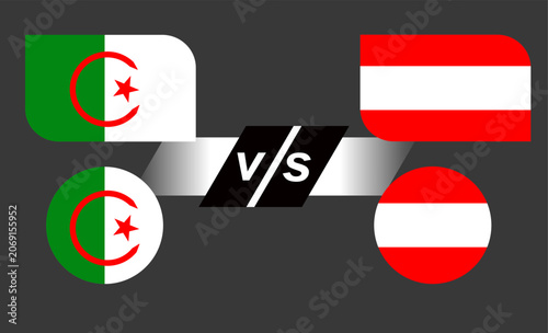 Algeria versus Austria competitive sports match banner display, international versus background comparing northern african and central european teams, athletic tournament schedule template 