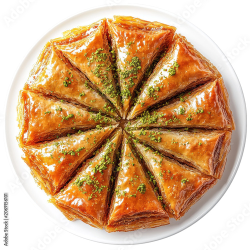Golden baklava slices arranged on a white plate drizzled with syrup isolated on white background