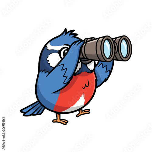 Cartoon Bluebird Holding Binoculars Looking Ahead.
