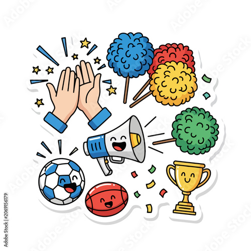 Colorful Cheerleading Icons with Sports and Trophy Elements.
