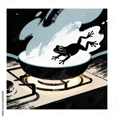 Frog Escaping the Heat: A stylized illustration depicting a small frog jumping out of a hot frying pan on a gas stove, symbolizing danger, awareness, and the instinct for self-preservation