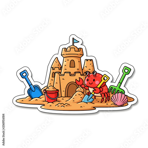 Colorful Crab Building Sandcastle With Shovels And Bucket.