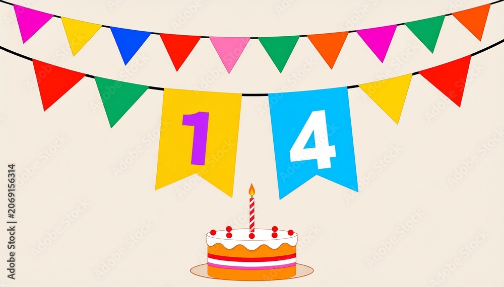 Obraz premium Festive Flag Garland and Cake with Number 14 for Birthday and Anniversary Party