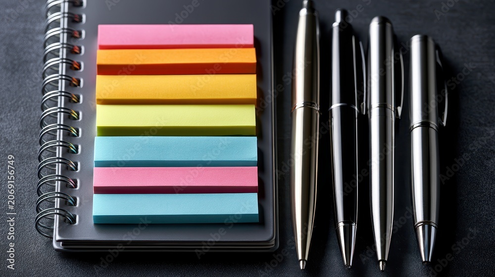 Fototapeta premium Close up of spiral notebook with colorful adhesive notes and pens on dark surface