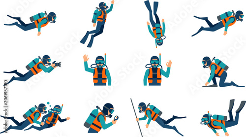 Bilde på lerret Scuba Diver Character Vector Set Featuring Flat Style Illustrations of Divers Sw