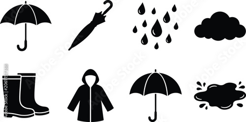 Tableau sur toile Rainy weather season and autumn clothing black silhouette icon set with umbrella