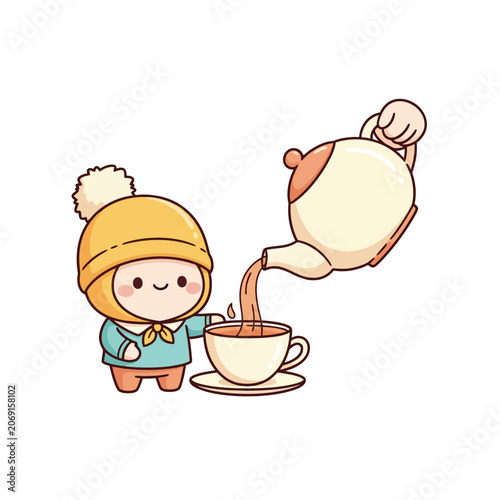 Cute cartoon character pouring tea from teapot.
