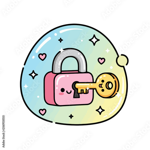 Cute cartoon padlock with key and heart symbols.