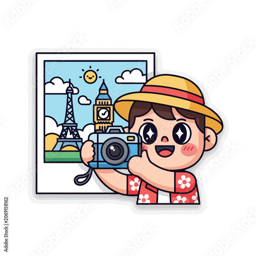 Cute cartoon tourist boy taking photo with camera.