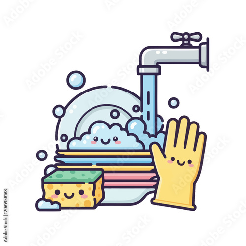 Cute Cartoon Dishwashing Scene With Soap Sponge And Gloves.