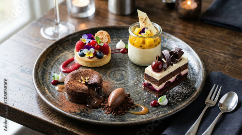 Elegant gourmet dessert platter featuring chocolate cake, layered pastry, fruit tart, and creamy mousse, showcasing luxury fine dining and indulgent sweets.
