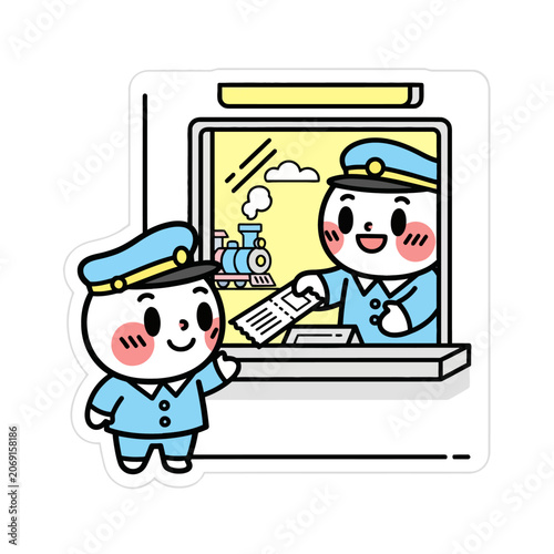 Cute Cartoon Train Station Ticket Seller and Buyer Interaction.