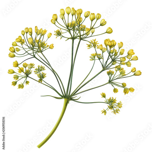Detailed botanical illustration of dill plant with yellow blossoms isolated on white background