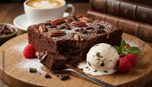 Rich chocolate brownie cake served with vanilla ice cream and fresh raspberries, creating an indulgent gourmet dessert experience in a cozy café setting.